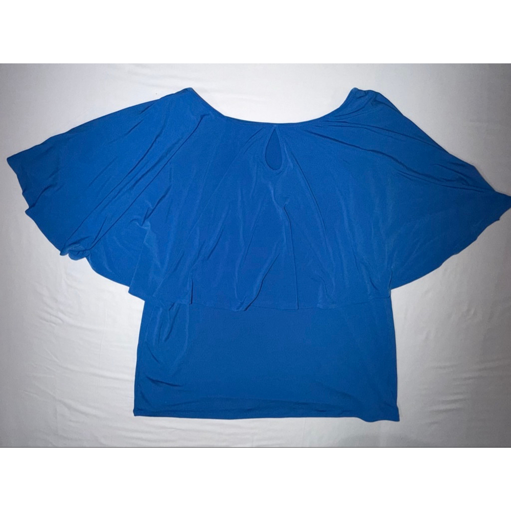 IMAN Global Chic Royal Blue Cape Sleeve Flutter Top Keyhole L Workwear NWOT - Picture 9 of 10